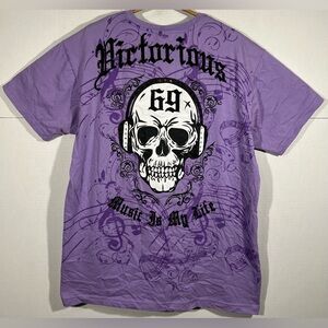 Victorious Urban Couture T Shirt Mens 2XL Purple Rhinestones Grunge Skull Music